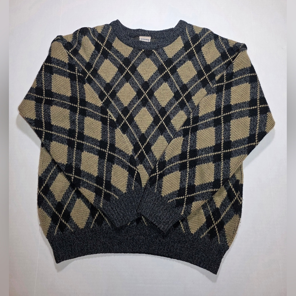 Vintage Windridge Argyle Sweater Men's Large Grey Tan Knit Pullover Grandpa Core